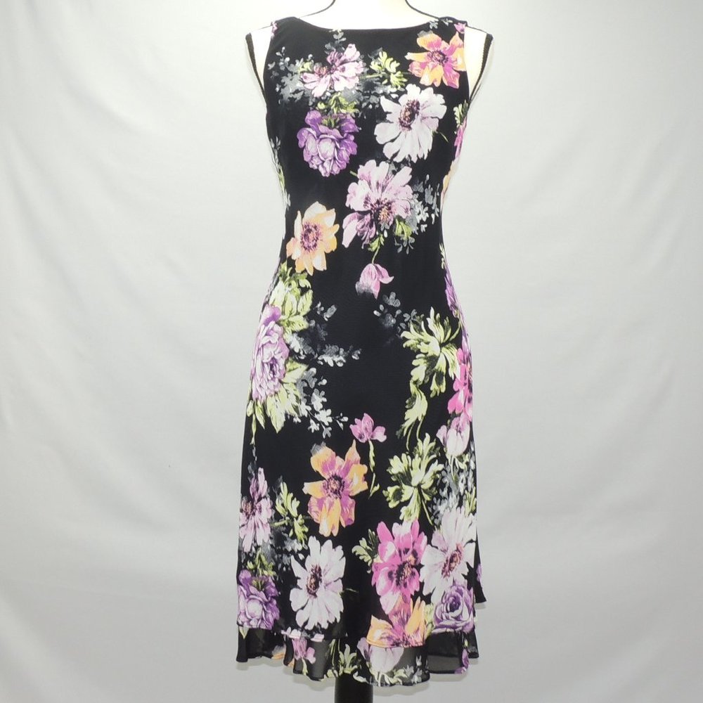 Evan Picone Sleeveless Black Flower Dress